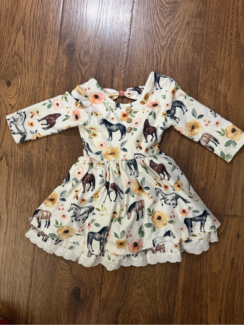 cheeky plum White Floral & Horse Print Long-Sleeve Dress